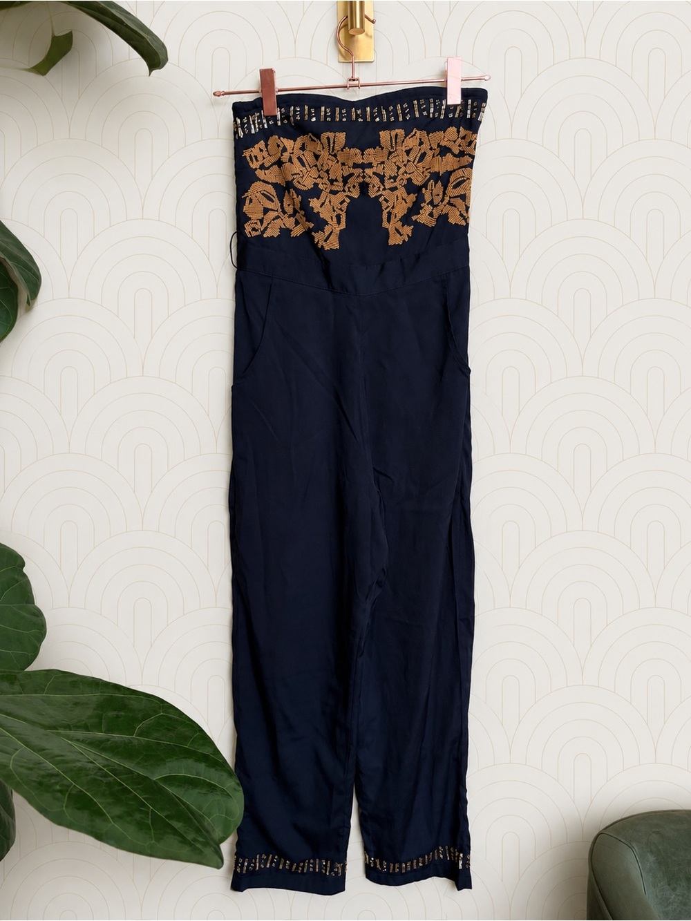 NWT Tularosa Emma Jumpsuit Black Gold Embroidered Beaded Strapless XXS